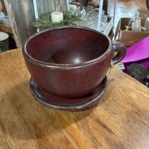 Rustic Red Ceramic Cup and Saucer attached made of pottery  5.5 inches diameter